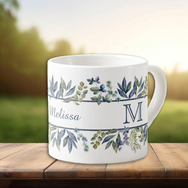 Indigo Blaue Blätter Rand Monogramm Espressotasse (Von Creator hochgeladen)