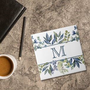 Indigo Blaue Blätter Rand Monogramm Fliese