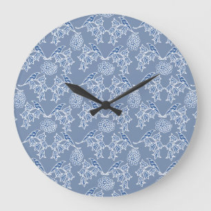 Indigo Blaues Ethnisches Blumenmuster Runde Wanduh Große Wanduhr