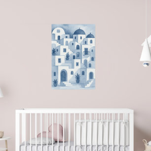 Indigo Blaues Mediterranes Dorf Wasserfarben-Wandb Poster