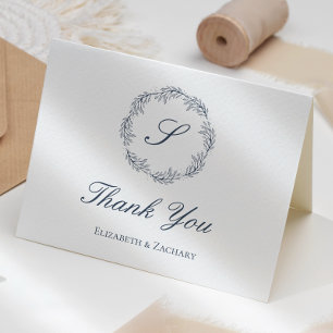 Indigo Blaues Monogramm-Kranz Hochzeit Danke Karte