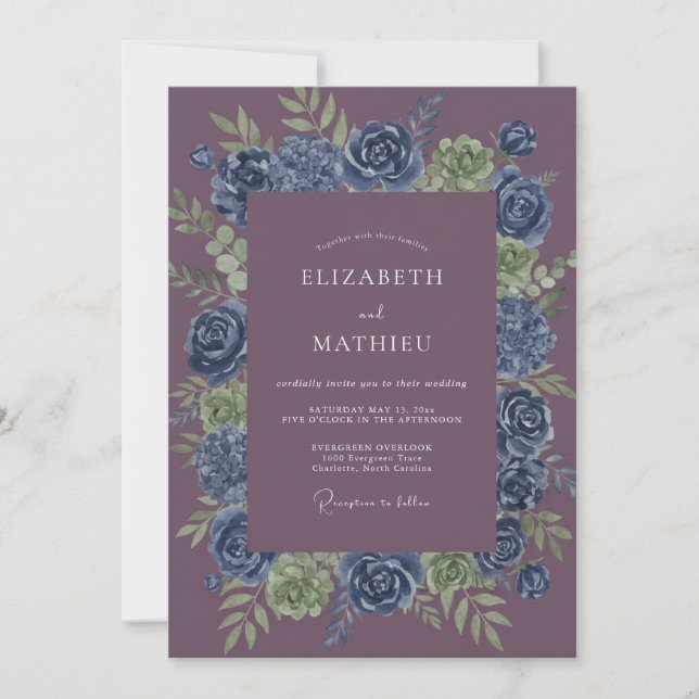 Indigo Bloom Romantik-Hochzeit Einladung (Vorderseite)