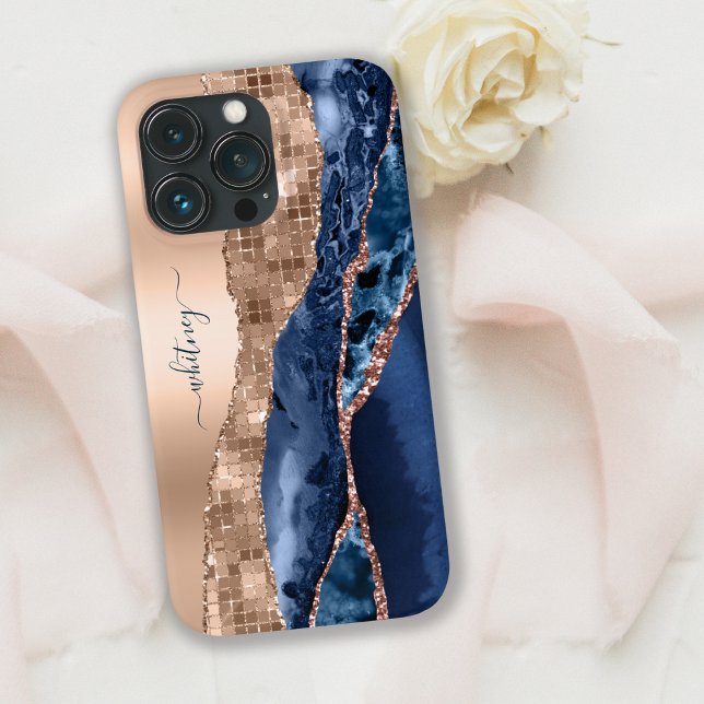 Indigo Blue Agate Geode & Rose Gold Leaf Modern Case-Mate iPhone Hülle (Von Creator hochgeladen)
