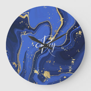 Indigo Blue Agate Marble Abstrakt Name Monogram Große Wanduhr