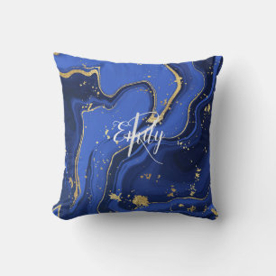 Indigo Blue Agate Marble Abstrakt Name Monogram Kissen