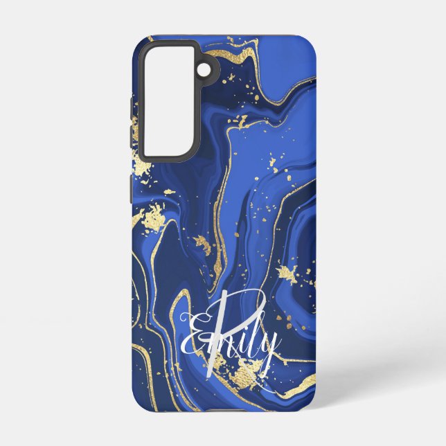 Indigo Blue Agate Marble Abstrakt Name Monogram Samsung Galaxy Hülle (Rückseite)