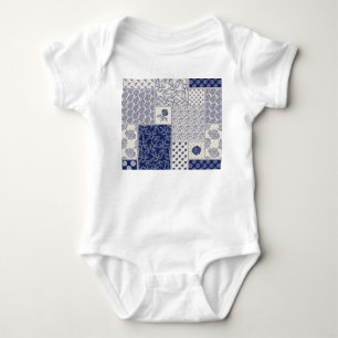 Indigo Blue Beige Floral Patchwork Baby Strampler