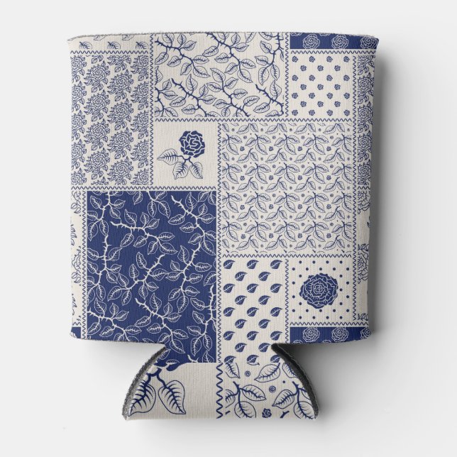 Indigo Blue Beige Floral Patchwork Dosenkühler (Vorderseite)
