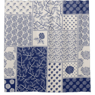 Indigo Blue Beige Floral Patchwork Duschvorhang