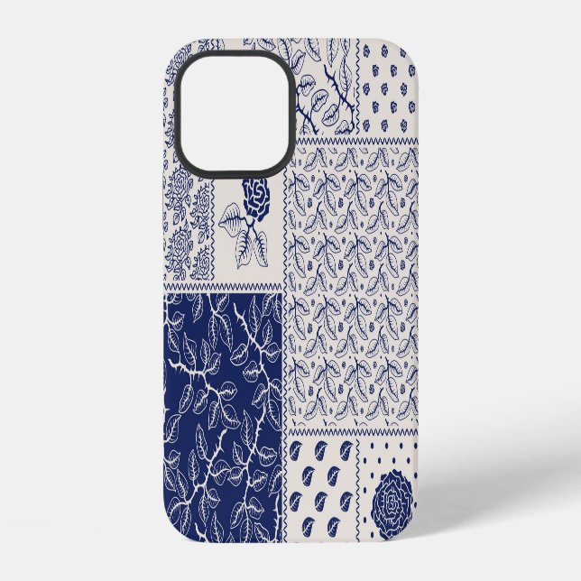 Indigo Blue Beige Floral Patchwork iPhone Hülle (Rückseite)