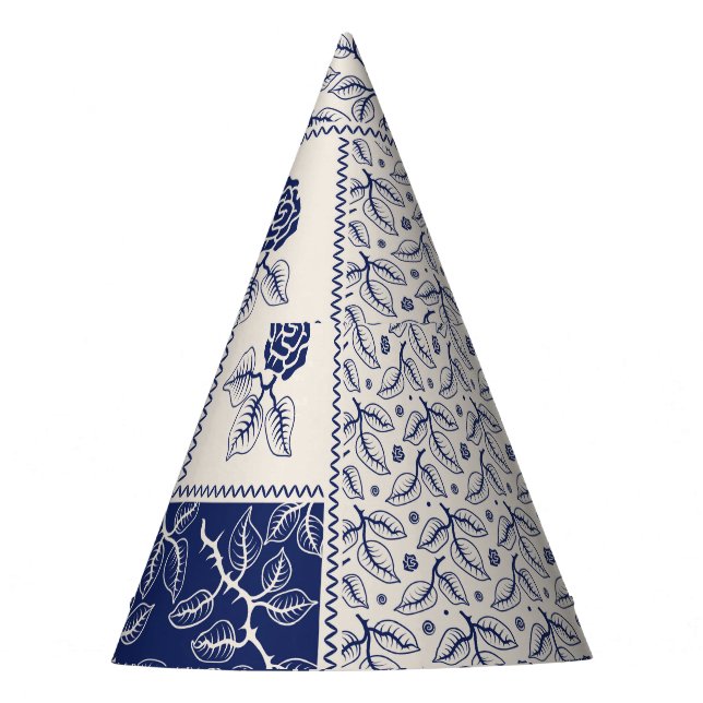 Indigo Blue Beige Floral Patchwork Partyhütchen (Vorderseite)
