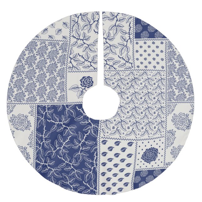 Indigo Blue Beige Floral Patchwork Polyester Weihnachtsbaumdecke (Vorderseite)
