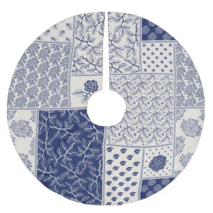 Indigo Blue Beige Floral Patchwork Polyester Weihnachtsbaumdecke