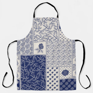 Indigo Blue Beige Floral Patchwork Schürze