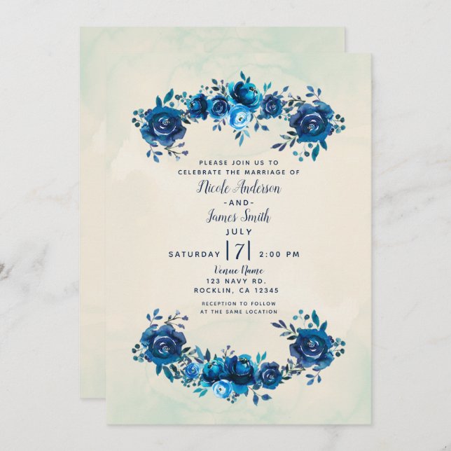 Indigo Blue & Beige Watercolor Blume Hochzeit Einladung (Vorne/Hinten)