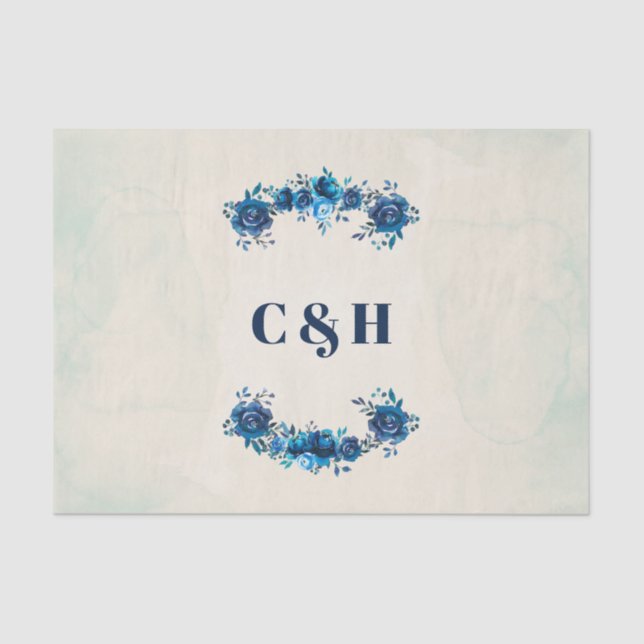 Indigo Blue & Beige Watercolor Blume Hochzeit Seidenpapier (Vorderseite)