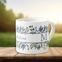 Indigo Blue Blätter Border Monogram Espressotasse