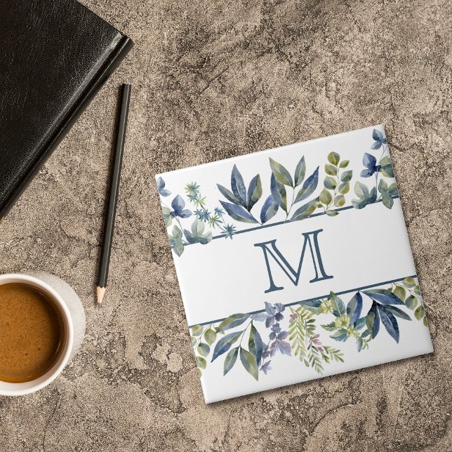 Indigo Blue Blätter Border Monogram Fliese (Von Creator hochgeladen)