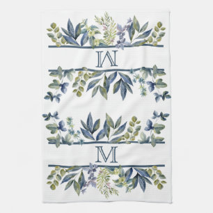 Indigo Blue Blätter Border Monogram Geschirrtuch