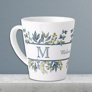 Indigo Blue Blätter Border Monogram Milchtasse