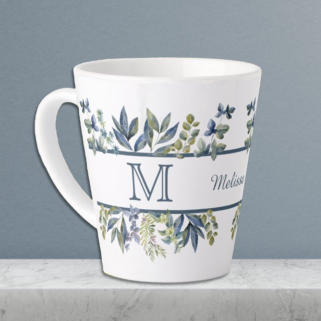 Indigo Blue Blätter Border Monogram Milchtasse (Von Creator hochgeladen)