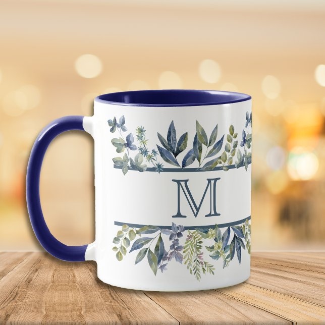 Indigo Blue Blätter Border Monogram Tasse (Von Creator hochgeladen)