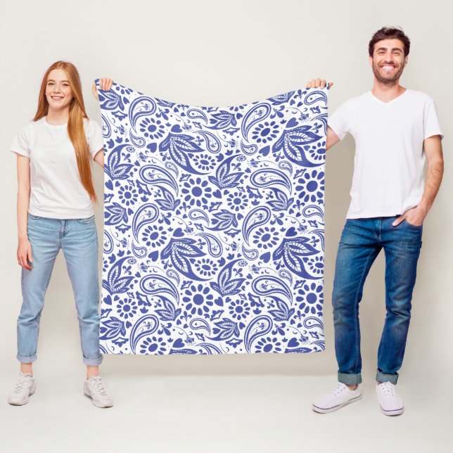 Indigo Blue Boho Chic Paisley Muster auf Weiß Fleecedecke (Beispiel)