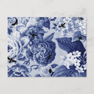 Indigo Blue Botanical & Bienen Zeichnend Blumentoi Postkarte