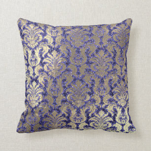 Indigo Blue Cobalt Damask Sepia Velvet Sequin Gold Kissen