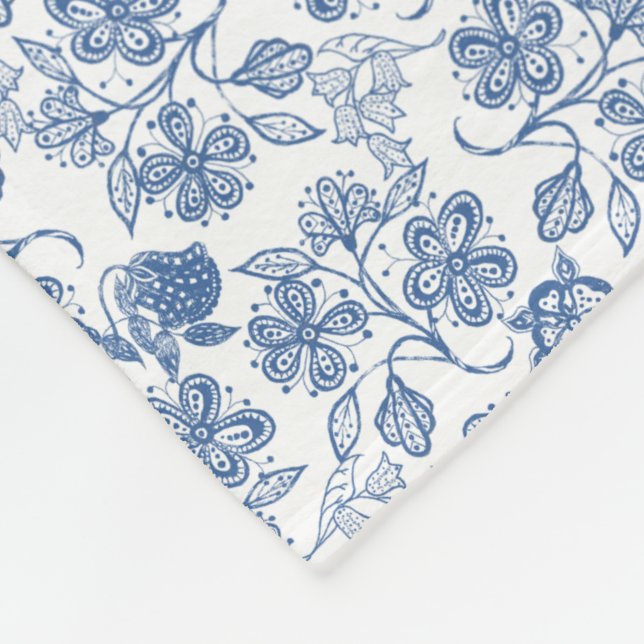 Indigo Blue Ethnic Floral Print Fleece Blanket (Ecke)