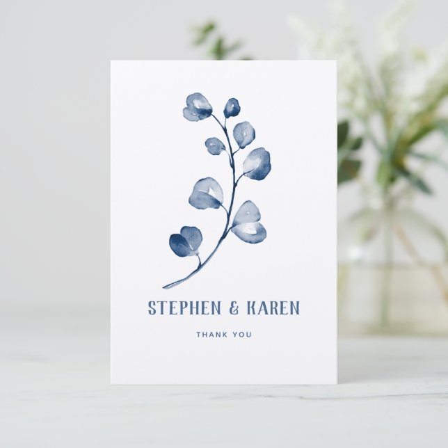 Indigo Blue Eucalyptus Elegant Wedding Vielen Dank Dankeskarte (Stehend Vorderseite)