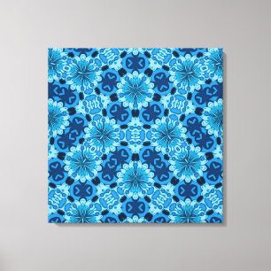 Indigo Blue Floral Chinesisches Fliesenmuster Leinwanddruck