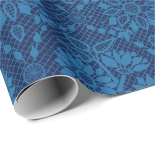 Indigo Blue Floral Imitate Spitzen Muster Geschenkpapier