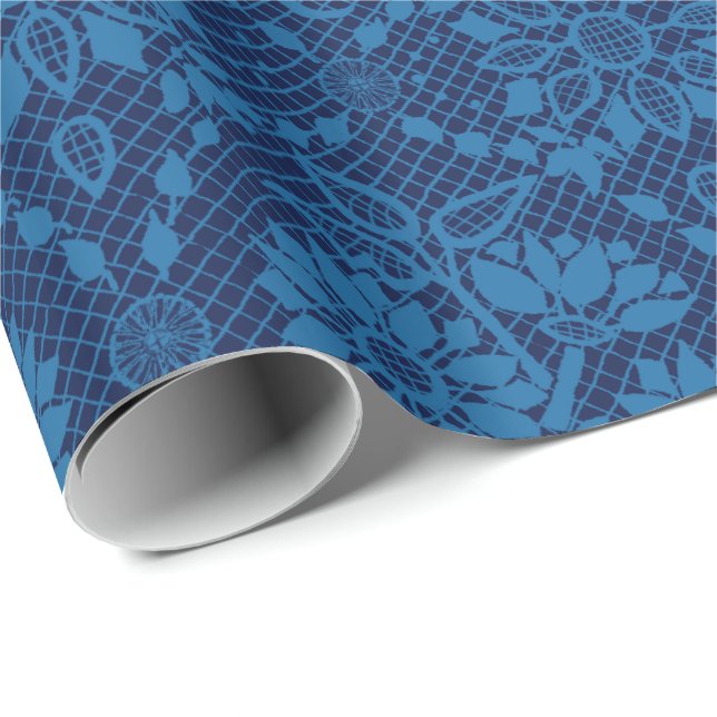 Indigo Blue Floral Imitate Spitzen Muster Geschenkpapier (Rolleneckpunkt)