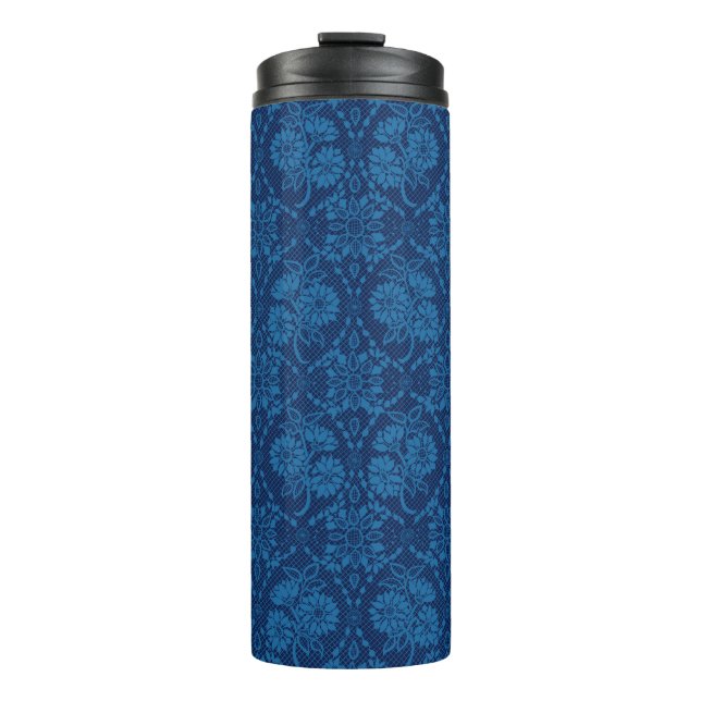 Indigo Blue Floral Imitate Spitzen Muster Thermosbecher (Vorderseite)
