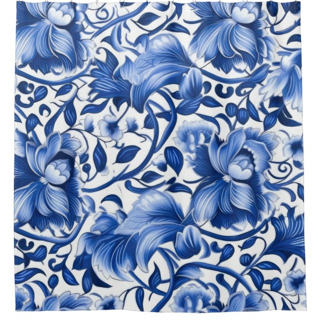 Indigo Blue Flowers Duschvorhang (Vorderseite)
