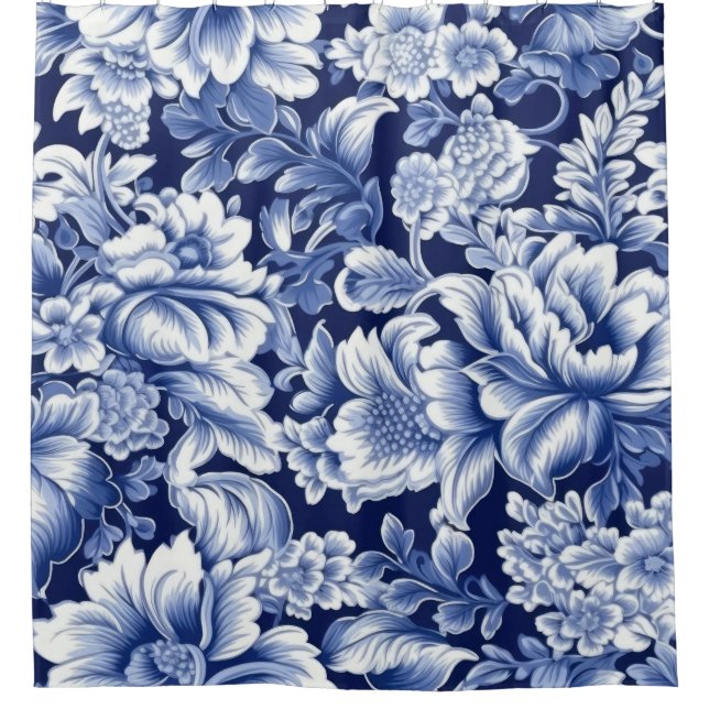 Indigo Blue Flowers Duschvorhang (Vorderseite)