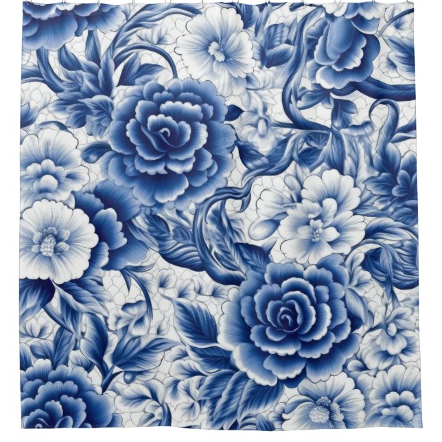 Indigo Blue Flowers Duschvorhang (Vorderseite)