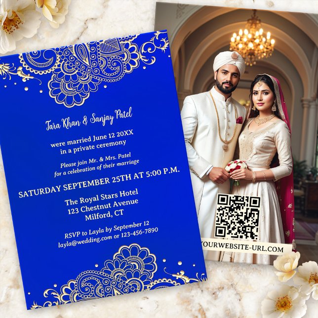 Indigo Blue Gold Henna nach Hochzeit Einladung (Wedding reception only, post or after wedding invitation featuring gold stylized henna on royal blue)