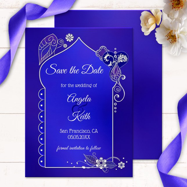 Indigo Blue Lila Henna Save the Date Card (Indian/Pakistani/Moroccan style showing henna and tattoo inspired designs in silver indigo purple)