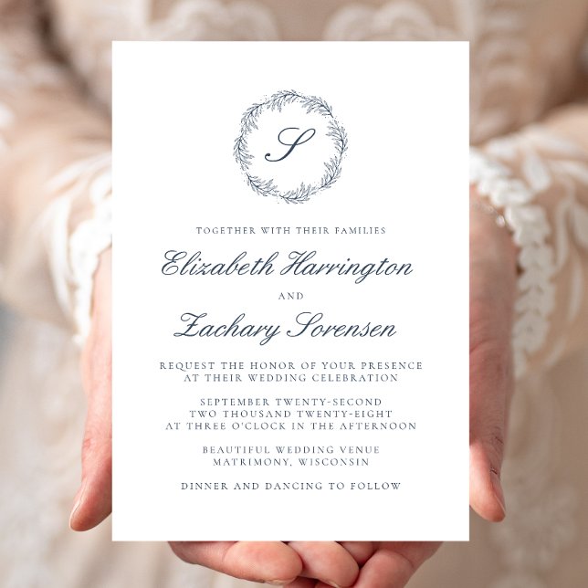 Indigo Blue Monogram Wreath Script Wedding Einladung (Von Creator hochgeladen)