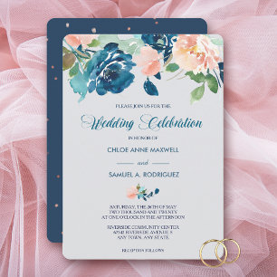 Indigo Blue Peach Rose Grenz Hochzeit Einladung