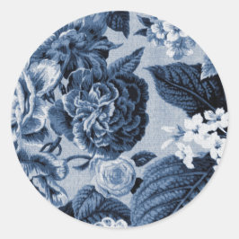 Indigo Blue Vintag Floral Toile No.1 Runder Aufkleber