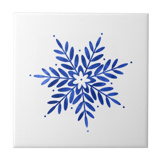 Indigo Blue Watercolor Abstrakt Snowflake Fliese (Vorderseite)