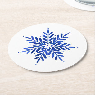 Indigo Blue Watercolor Abstrakt Snowflake Runder Pappuntersetzer