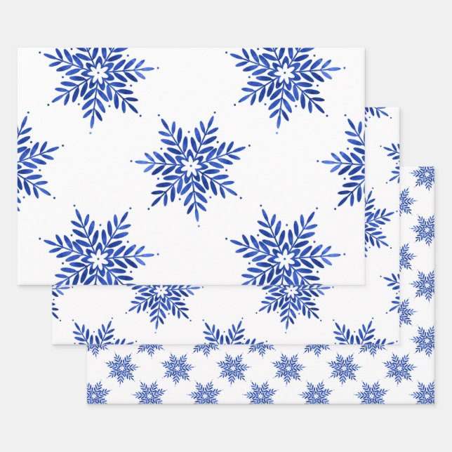 Indigo Blue Watercolor Snowflake Muster Geschenkpapier Set (Set)