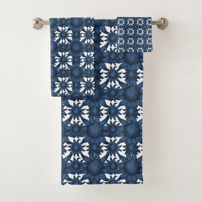Indigo Blue & White Coastal Starfish Muster Badhandtuch Set (Insitu)