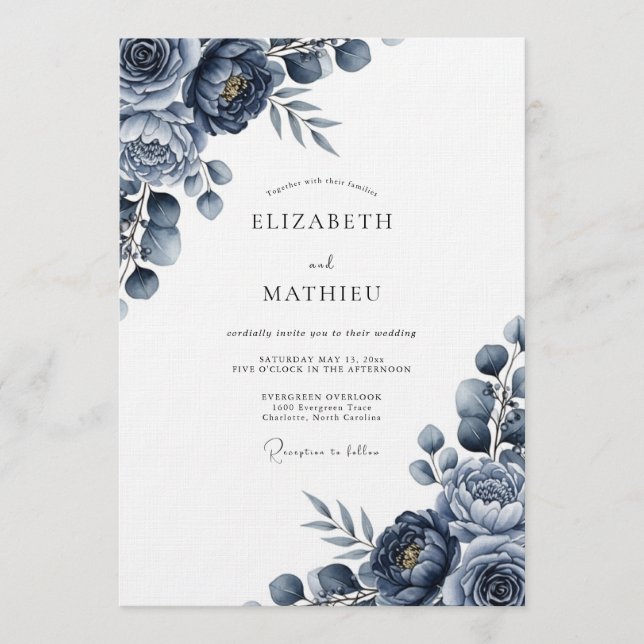 Indigo Blumen Hochzeit Einladung (Vorderseite)