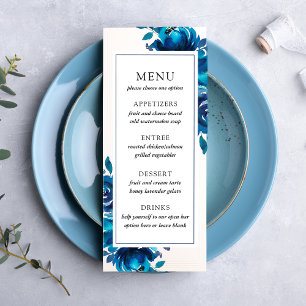 Indigo-Blumen-Hochzeitsmenü Werbekarte