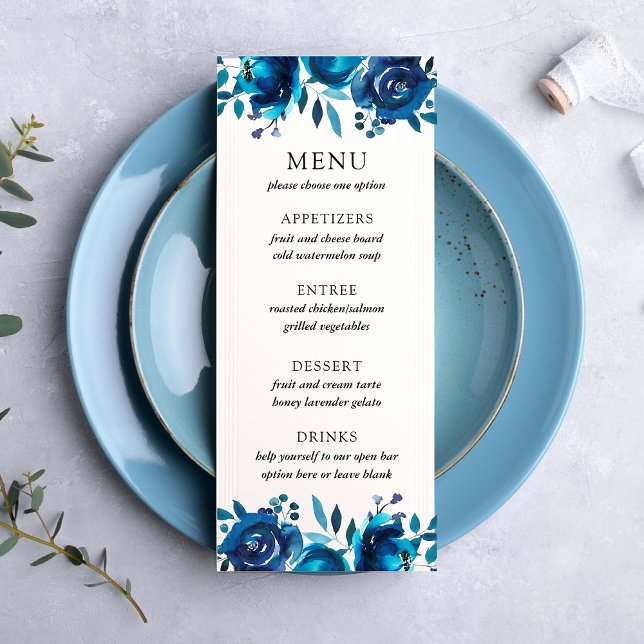 Indigo-Blumen-Hochzeitsmenü Werbekarte (Von Creator hochgeladen)